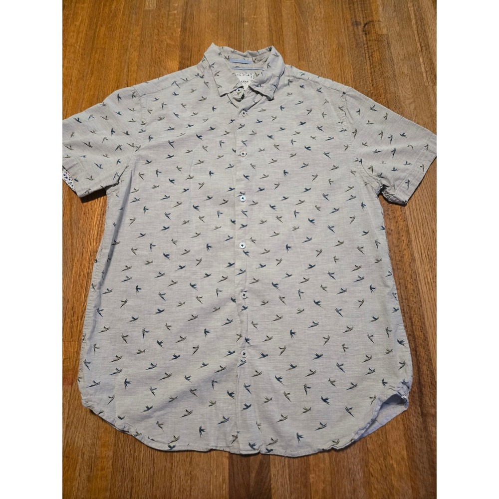 Cactus Man Ricky Singh Men Medium Gray Bird Print Short Sleeve Button Down Shirt